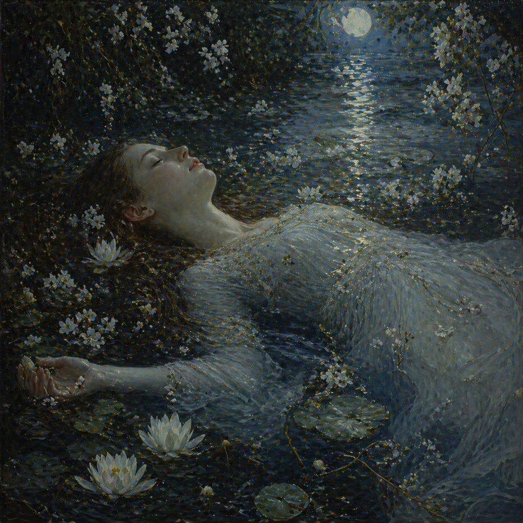 Poème Ophélie Illustration du poème Ophélie de Rimbaud : une jeune femme flottant sur une rivière calm entourée de fleurs blanches, atmosphère éthérée
