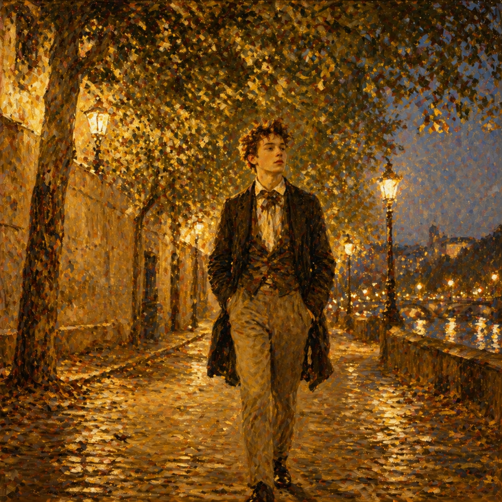 Poème Roman Illustration du poème Roman de Rimbaud : un jeune poète marchant le soir sous des tilleuls, lumière dorée des lanternes