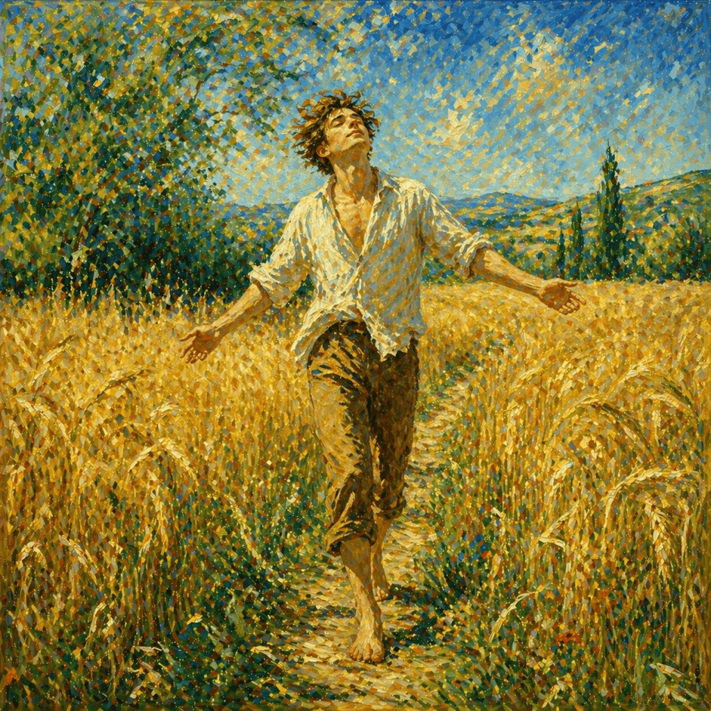 Poème Sensation Illustration du poème Sensation de Rimbaud : un jeune homme marchant pieds nus dans les blés dorés en été, atmosphère sensorielle